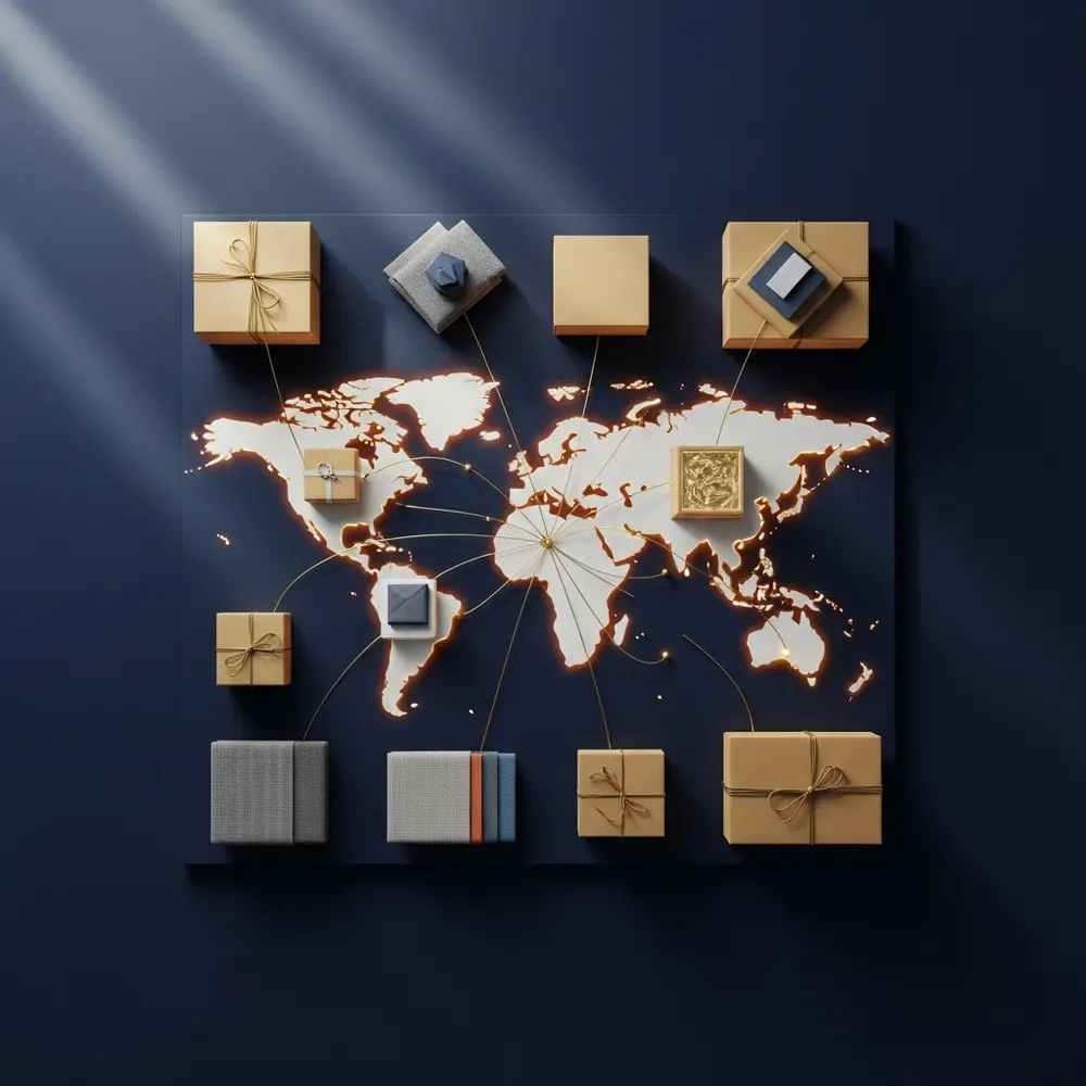 Illustration of products and parcels around a world map